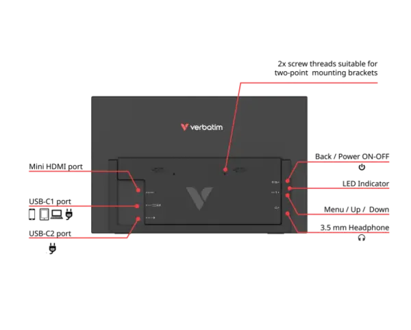 Verbatim 32401 Nešiojamas monitorius LIGHT 15.6'' IPS FHD 1920x1080 10ms 250cd/m2 60Hz, Juoda – 9