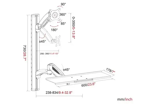 DIGITUS DA-90354 sieninis monitoriaus ir klaviatūros laikiklis (iki 27" / Maksimali apkrova iki 6 kg, sidabrinės spalvos) – 8