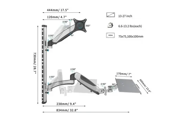 DIGITUS DA-90354 sieninis monitoriaus ir klaviatūros laikiklis (iki 27" / Maksimali apkrova iki 6 kg, sidabrinės spalvos) – 9