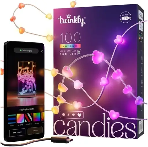 Twinkly Candies 100 Heart-shaped RGB LEDs, Clear Wire, USB-C