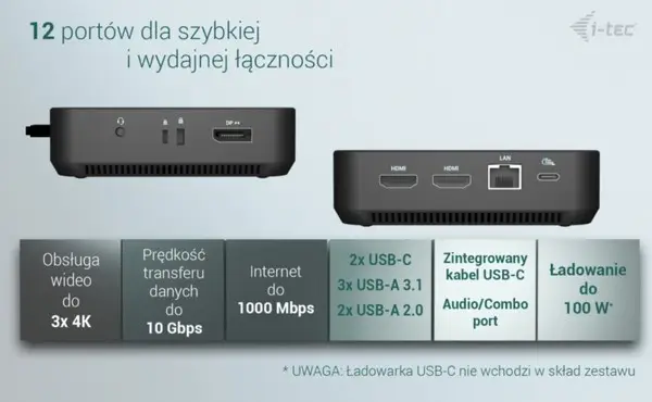 USB-C DP Dual HDMI Docking Station with Power Delivery 100 W + i-tec Universal Charger 100W – 7