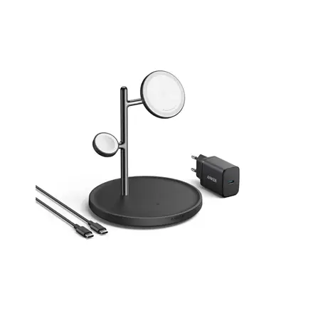 Anker MagGo Wireless Charging Station (15W, 3-in-1 Stand) with cable and charger bundle