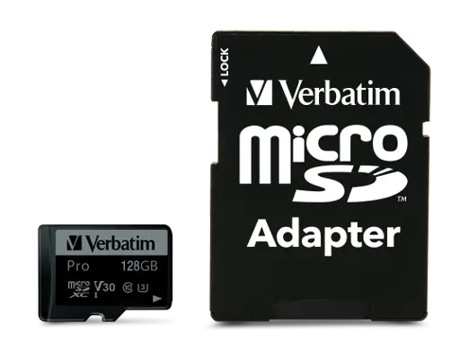 Verbatim 47044 Pro U3 Micro SDXC Atminties kortelė 128GB + microSD į SD Adapteris