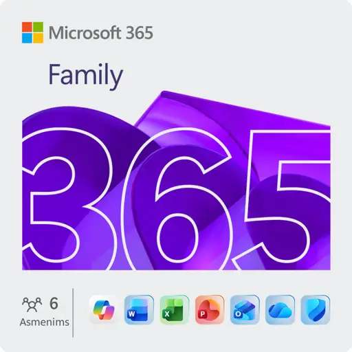Microsoft 365 Family (Word, Excel, PowerPoint, OneNote, Outlook, Publisher, Access, Copilot) ir jo papildomo internetinio serviso, skirta nekomercinei veiklai, 1 metų naudojimo prenumerata 5 įrenginiams, elektroninis produkto raktas EU rinkai, Angl. 