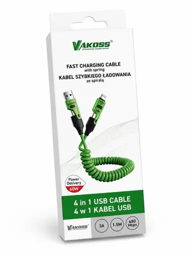Vakoss MLU680G“ 4 viename kabelis, 1,5 m, 60 W, 3 A, QC/PD, žalias