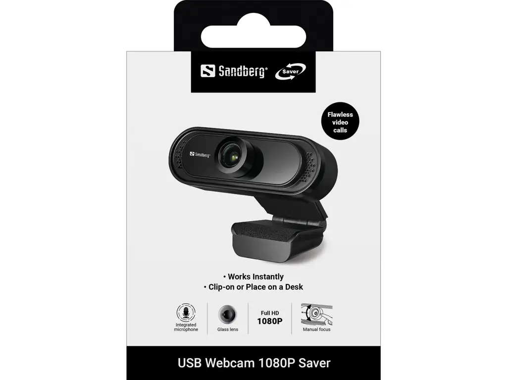 SANDBERG USB Webcam 1080P Saver No driver installation needed With a clamp for the flatscreen Stereo microphone built in – 5