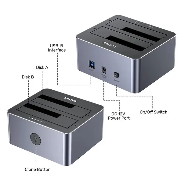 UNITEK KLONAVIMO STOTIS 2X SATA 2,5"/3,5" USB 5GB – 4