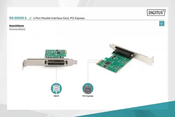 DIGITUS PCIexpress Add-On card Parallel 1-port 1xDB25 F Slot Bracket+LP Bracket OXPCIe952 chipset – 8