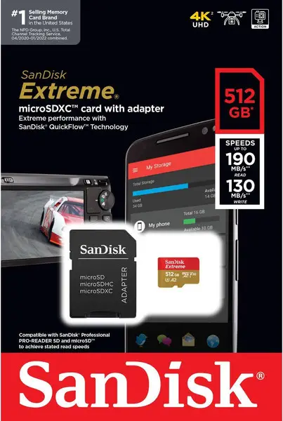 SANDISK Extreme microSDXC 512GB + SD Adapter + 1year Rescue Pro Deluxe 190MB/s read 130MB/s write A2 C10 V30 UHS-I U3 – 3
