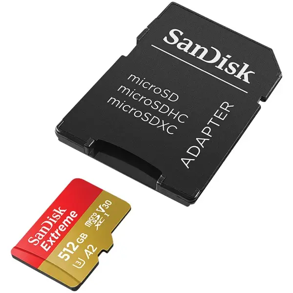 SANDISK Extreme microSDXC 512GB + SD Adapter + 1year Rescue Pro Deluxe 190MB/s read 130MB/s write A2 C10 V30 UHS-I U3 – 4