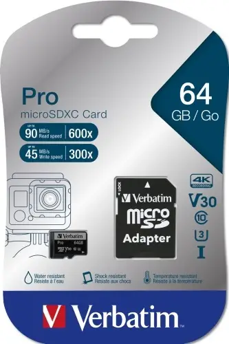 Verbatim 47042 Pro U3 Micro SDXC Atminties kortelė 64GB + microSD į SD Adapteris – 3