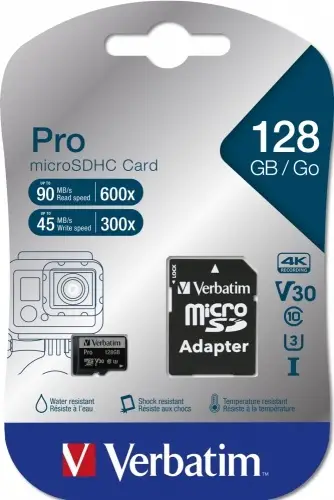 Verbatim 47044 Pro U3 Micro SDXC Atminties kortelė 128GB + microSD į SD Adapteris – 4
