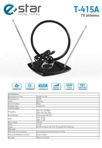 TV kambarinė antena eSTAR T-415A Juoda