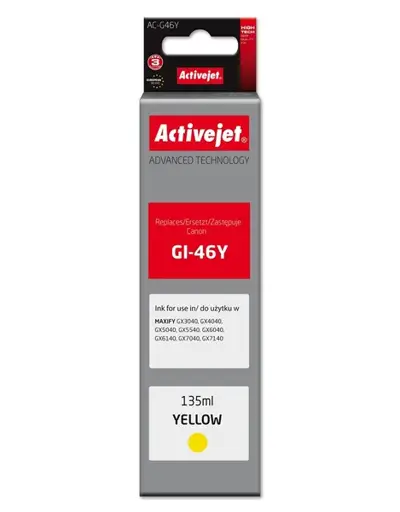 Activejet AC-G46Y rašalo buteliukas, skirtas Canon spausdintuvui, Canon GI-46Y pakaitalas; Supreme; 135 ml; geltonas