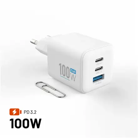 Fixed GaN Network Charger Mini with 2xUSB-C and USB output, PD support, 100 W, white